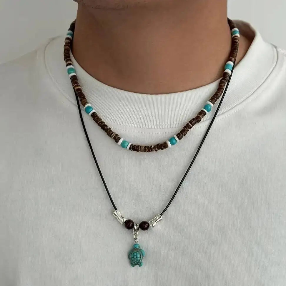 2Pcs/Set Vintage Sea Turtle Pendant Necklace Men Ethnic Style Multi Layer Stackable Stone Wooden Beaded Choker Jewelry