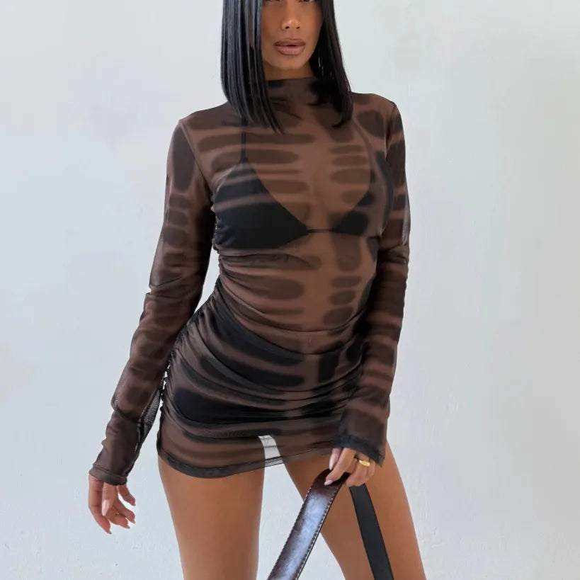 See Through Dress Women Aesthetics Print Sexy O-Neck Full Sleeve Skinny Peach Hip Clubwear Midnight Mini Bodycon