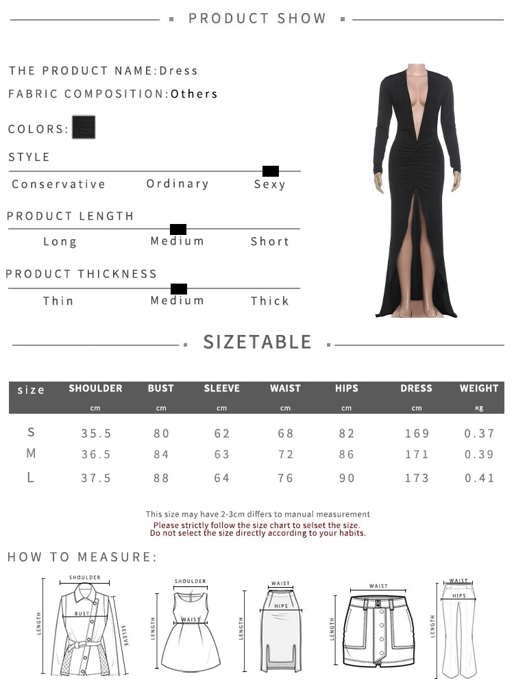 High Split Elegant Deep V-Neck Dress Women Sexy Simple Ruched Full Sleeve Fashion Classic Banquet Party Club Maxi Bodycon