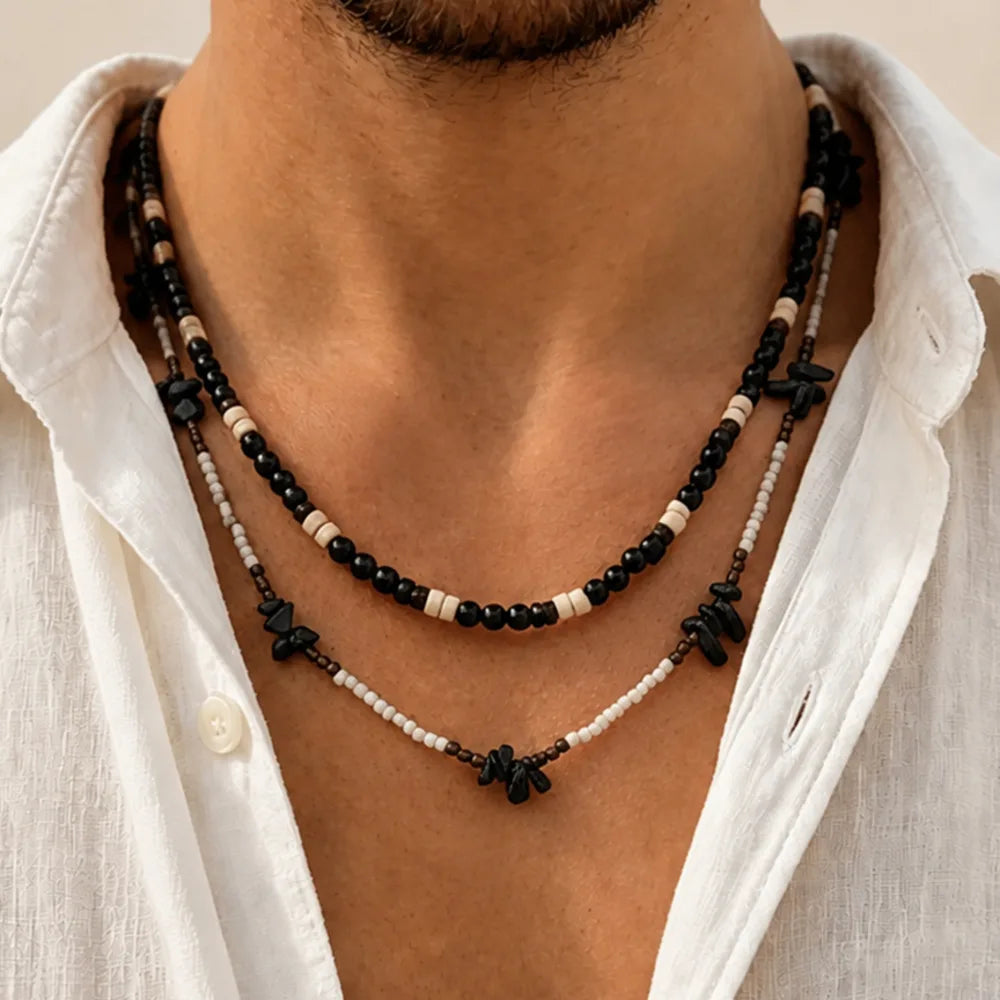2Pcs/Set Trendy Black White Acrylic Seed Beads Choker Necklace for Men Punk Vintage Stackable Collar Chain Neck Jewelry