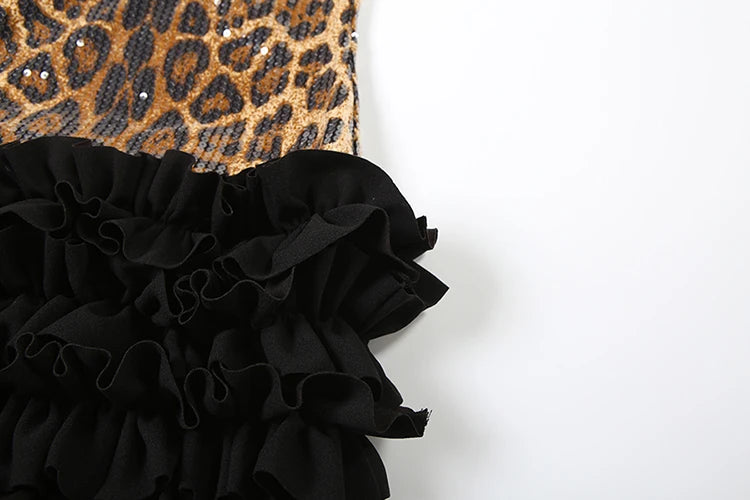 Chic Sequins Leopard Dress Women Y2K Sleeveless Square Collar Tierred Hem Skinny Street Clubwear Hottie Sexy Bodycon