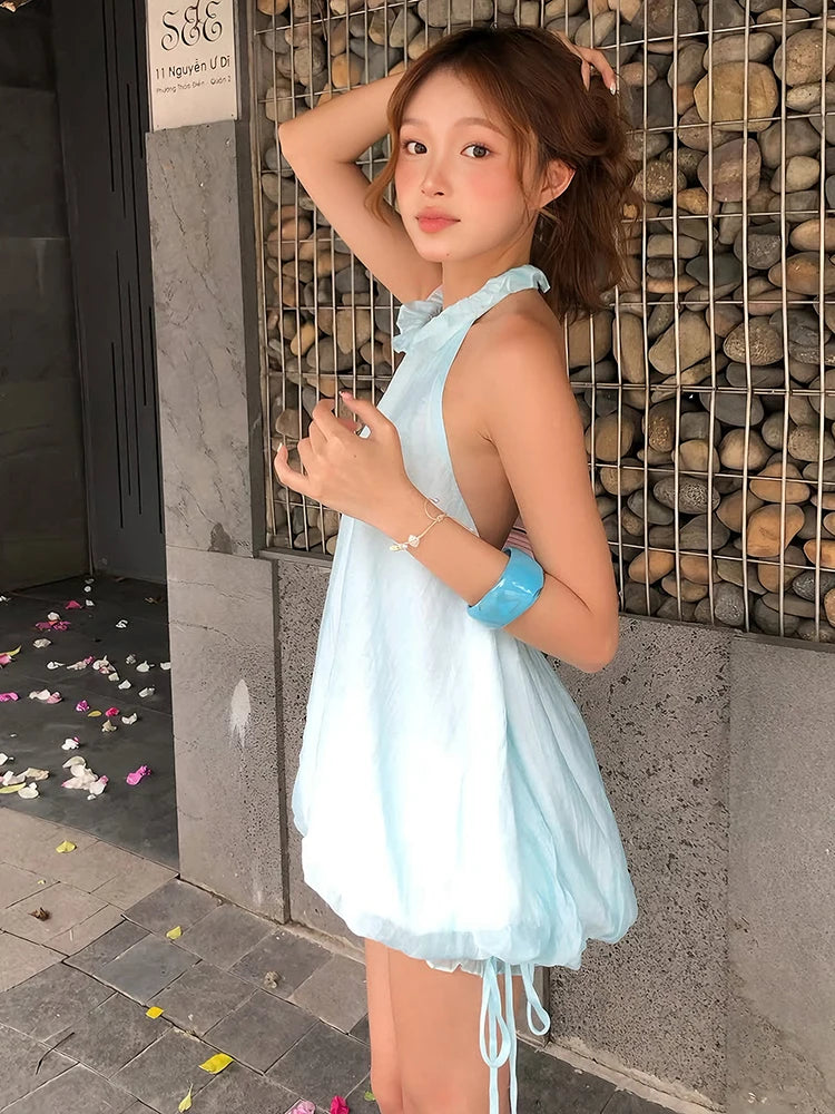 Bandages Vacation Sweet Sexy Dress Women Fashion Ruffled Edge Patchwork Elastic Hem Sleeveless Trend Prom Party Clubwear