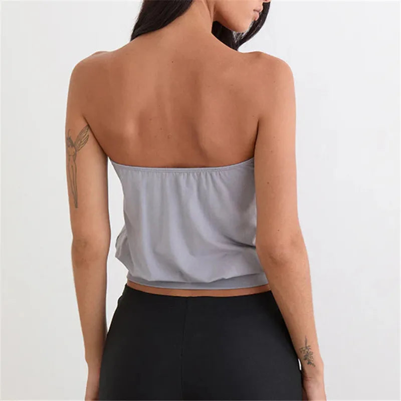 Y2K Button Trim Strapless Tube Top Women Elastic Waist Hem Bandeau Sleeveless Off Shoulder Cropped Blouse Streetwear