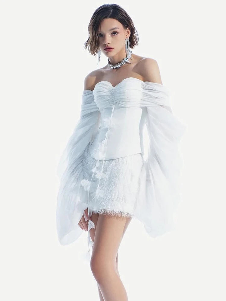 3d Flowers Tassel Crop Tops Women Slash Neck Patchwork Mesh Flare Sleeve Skinny 2025 Autumn Elegant High Street Tops