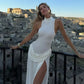 Sleeveless Ruched Split Long Dresses Elegant White Party Dresses Sexy Outfits Women