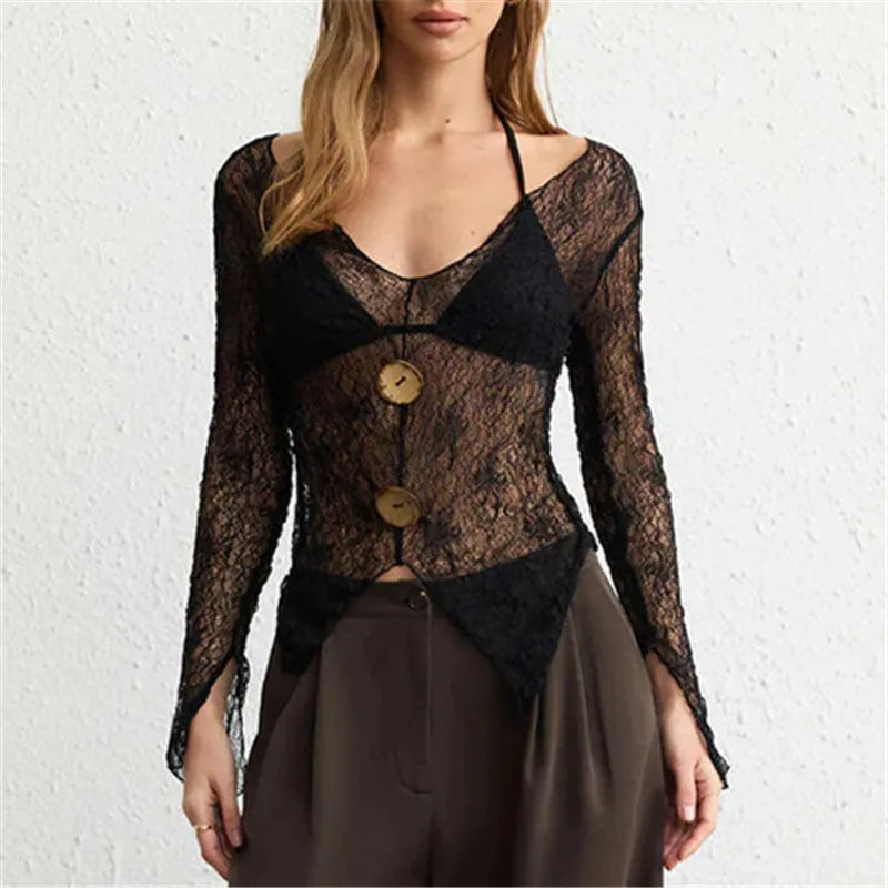 Women Sheer Lace Long Sleeve Top V Neck Halter Button Decor Asymmetrical Hem See Through Blouse Y2K Aesthetic Clubwear