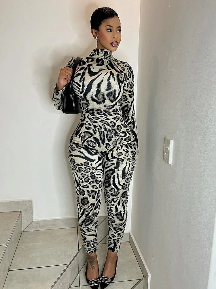 Fitness Jumpsuit Women Sexy Zip Leopard Print Full Sleeve Streetwear Activity Workout Casual Tight Stretch Overalls
