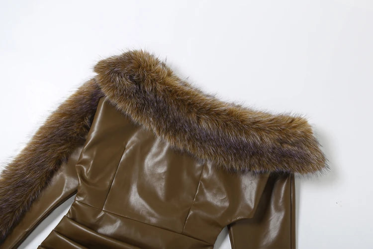 Furry Patchwork Mini Dresses WomanFaux Leather Skew Collar Full Sleeve Backless High Waist Fashion Classic Mini Bodycon