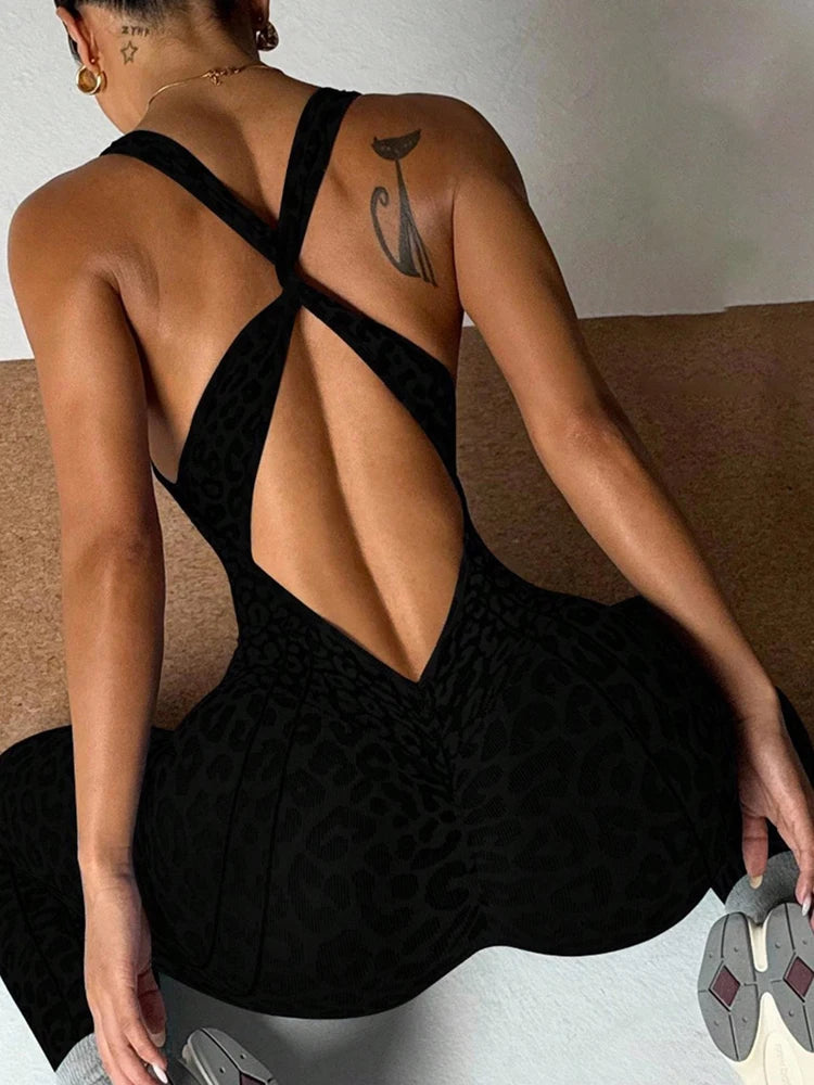 Cross Knot Bandage Design Yoga Jumpsuit Woman Leopard Print Low-Neck Sleeveless Skinny Wrap Hip Sporty Style Overalls