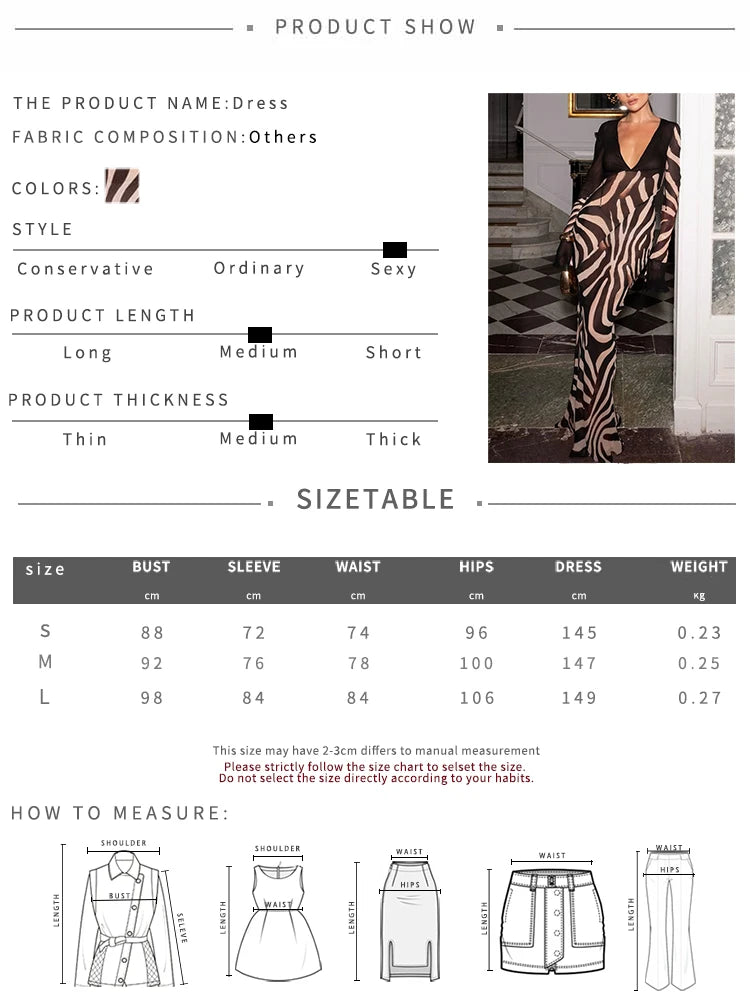 Mesh Patchwork Dress Women Fashion Print Low-Neck Sexy Cleavage Shirring Flared Sleeve Street Wild Style Long Bodycon