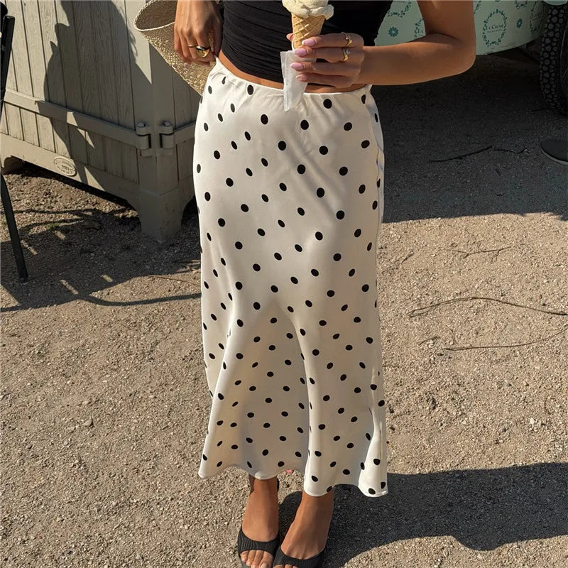 French Vintage Polka Dot Satin Skirt High Waist Silky Midi Skirt Elegant Retro Print For Women Summer Y2K Streetwear