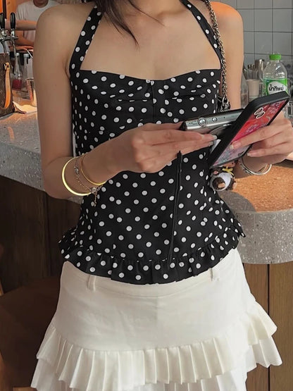 Polka Dot Print Top Women Halter Low-Neck Bandage Ruffles Backless Sleeveless Skinny Summer Trend Street Basic Vest
