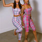 Plaid Patchwork 2 Piece Set Woman Summer Trend Halter Backless Sleeveless Crop Tops+Skinny Long Pants Fashion Suits