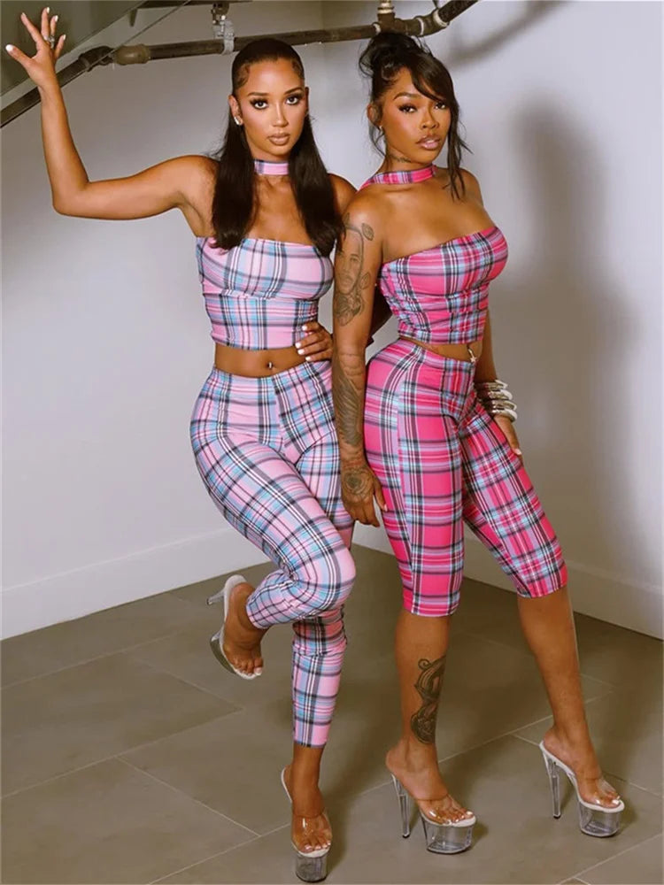Plaid Patchwork 2 Piece Set Woman Summer Trend Halter Backless Sleeveless Crop Tops+Skinny Long Pants Fashion Suits