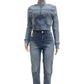 Casuals Denim 2 Piece Set Women Tracksuit Button Patchwork Full Sleeve Zip Crop Coat+Skinny Pants Autumn Trend Streetwear