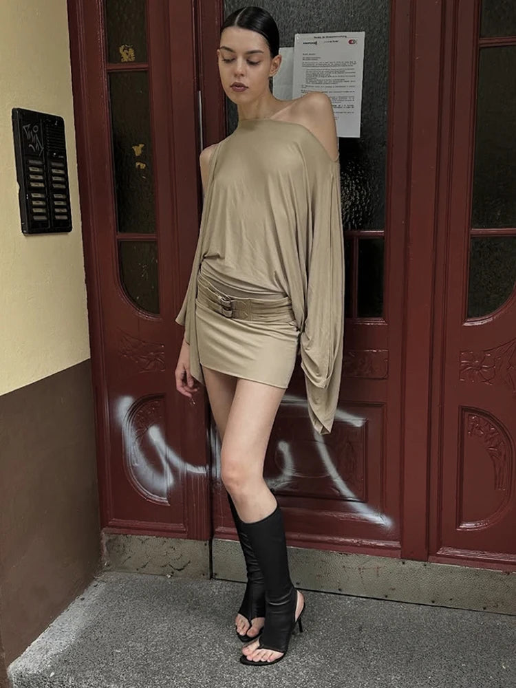 Split Long Sleeve Dress Women Autumn Trend Slanted Collar Belt Buckle Solid Skinny Stretch Simple Party Mini Bodycon