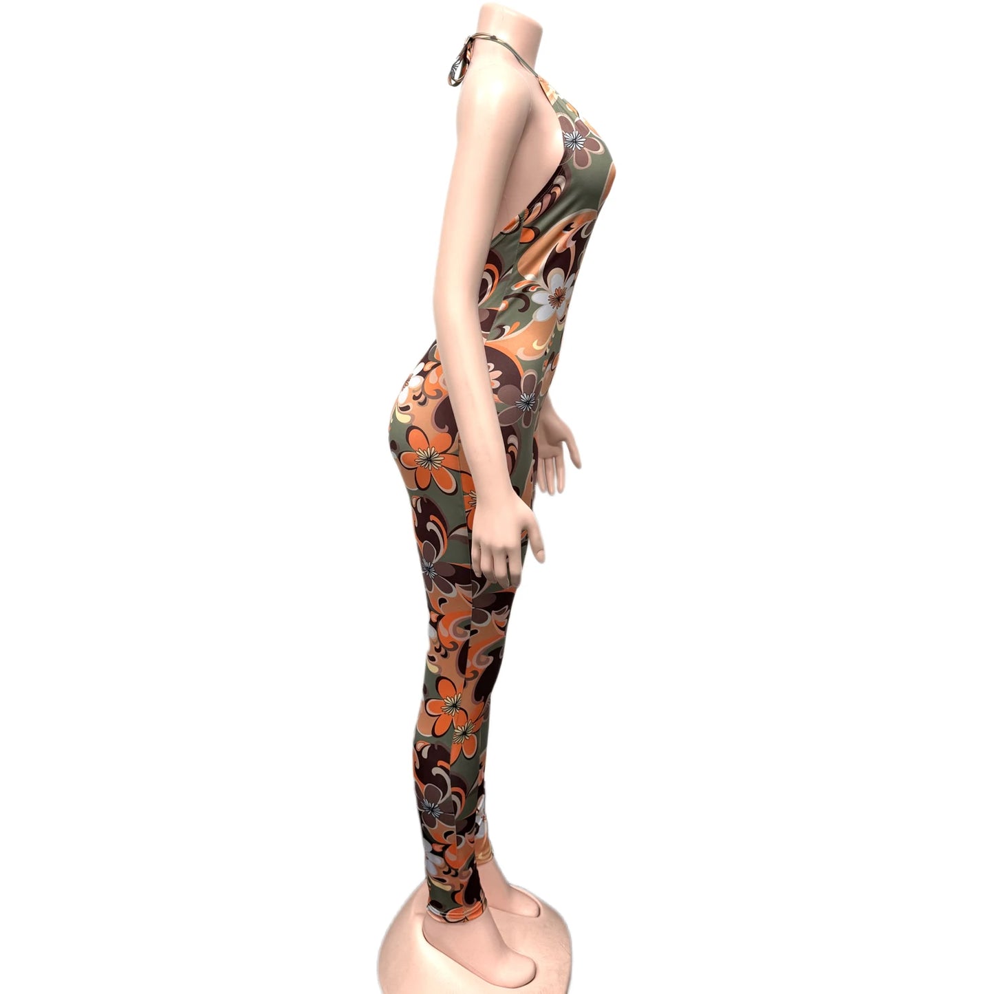 Backless Halter Jumpsuit Women Sexy Colorful Flowers Print Sleeveless Summer Trend Skinny Hottie Streetwear Overalls