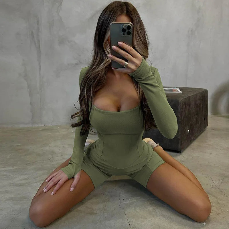 Square Neck Long Sleeve One Piece Jumpsuit 2024 Women Outfits Spring Casual Short Romper Active Wear