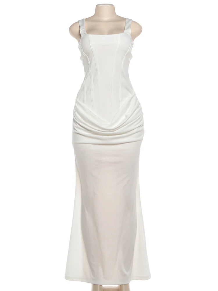 Woman Square Collar Sleeveless High Waist Sexy Backless Gown Dress Midnight Prom Party Ruched Elegant Long Bodyc