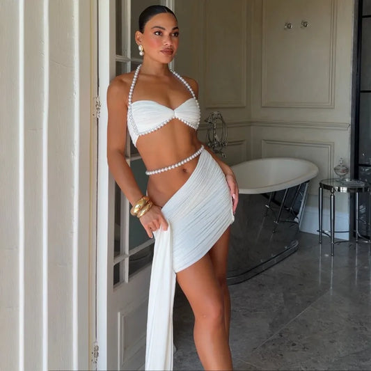 White Two Piece Outfits Women Summer Beach Vacation Halter Top and Mini Skirt Sets Sexy Clubwear Birthday