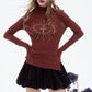 2025 Winter New Arrivals Y2K Slimming Heart Graphic High Neck Asymmetric Hem Long Sleeves Tshirt For Women
