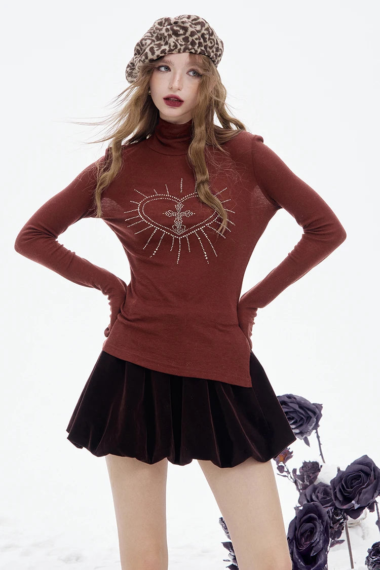2025 Winter New Arrivals Y2K Slimming Heart Graphic High Neck Asymmetric Hem Long Sleeves Tshirt For Women
