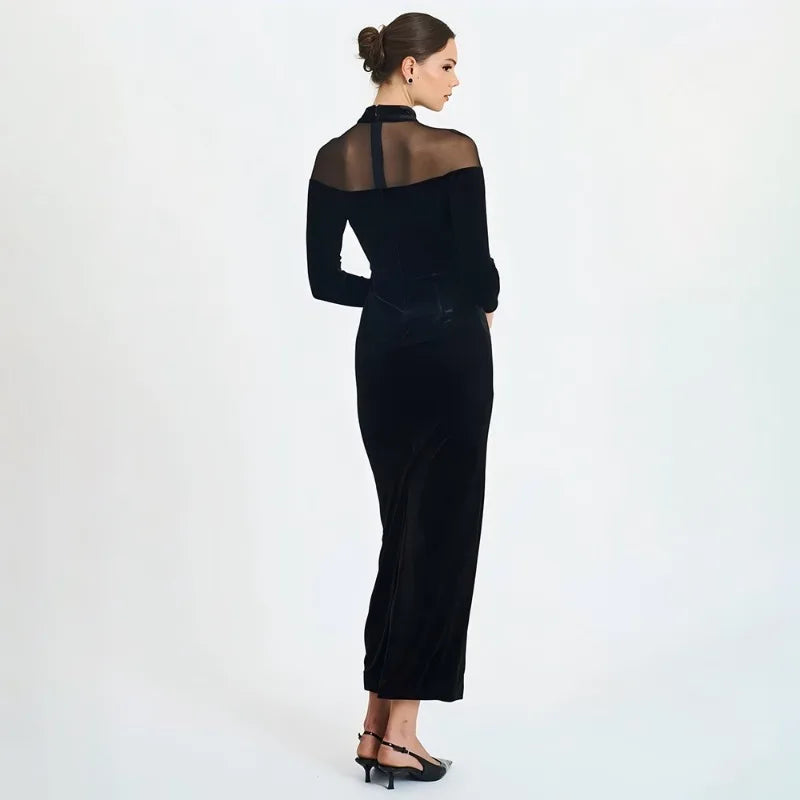 Mesh Velvet Patchwork Black Long Sleeve Maxi Dresses Elegant Woman for Party Evening Dress Autumn Winter