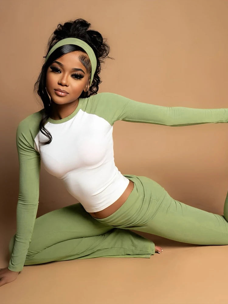 Christmas Party 2Piece Set Woman Contrast Patchwork o-Neck Full Sleeve Crop Tops+High Waist Long Pant Casual Fashion Suit