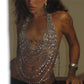 Sparkly Rhinestone Body Top Sexy Women Halter Deep V Multi Tassel Chain Harness Crystal Shimmer Rave Party Club Outfit