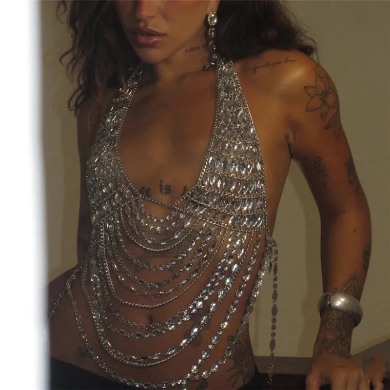 Sparkly Rhinestone Body Top Sexy Women Halter Deep V Multi Tassel Chain Harness Crystal Shimmer Rave Party Club Outfit