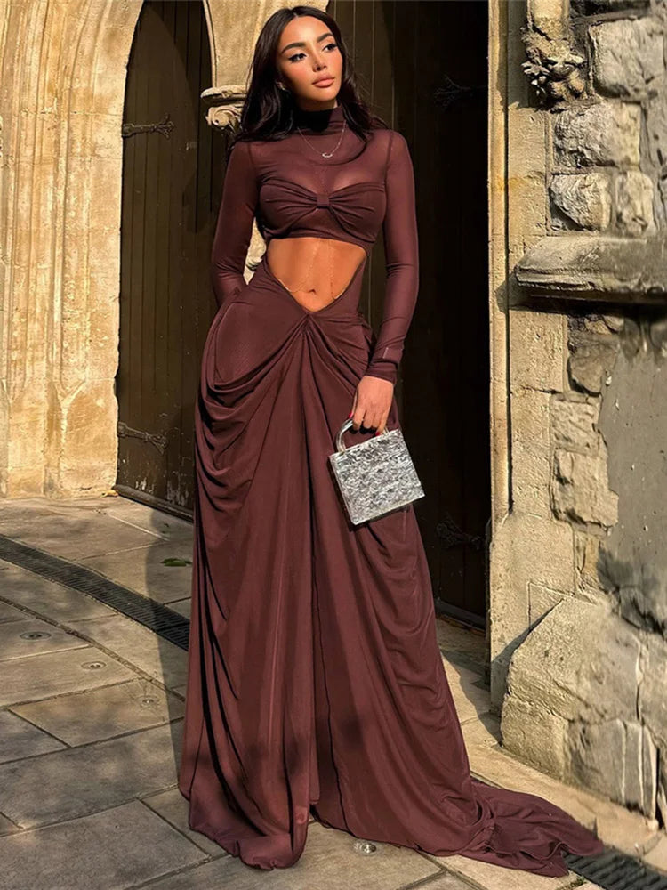 Wrap Knot Dress Women Sexy Patchwork Mesh Chic Hollow Full Sleeve Split Fall Hipster Elegant Birthday Party Vestidos