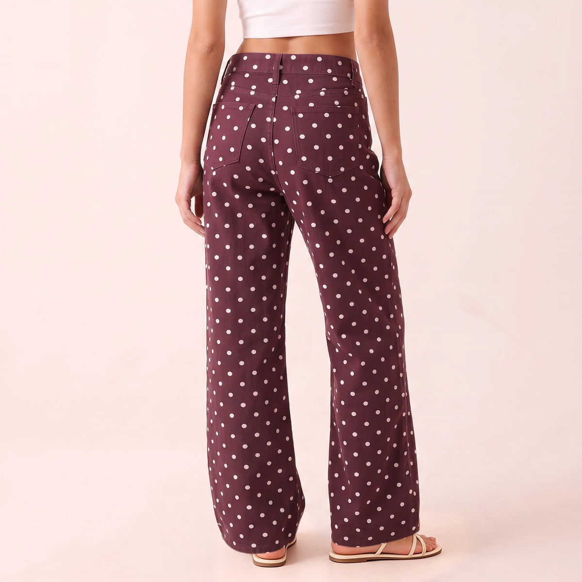 Women High Waist Polka Dot Wide Leg Jeans Button Fly Loose Flared Denim Trousers Vintage Casual Streetwear Pants