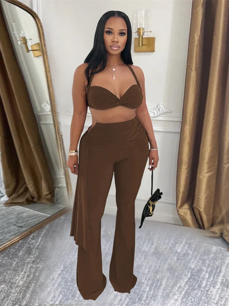 Sexy Chic 2 Piece Set Women Summer Halter Backless Knot Camisole+Metal Ruched Ribbon Flare Pants Matching Outfits