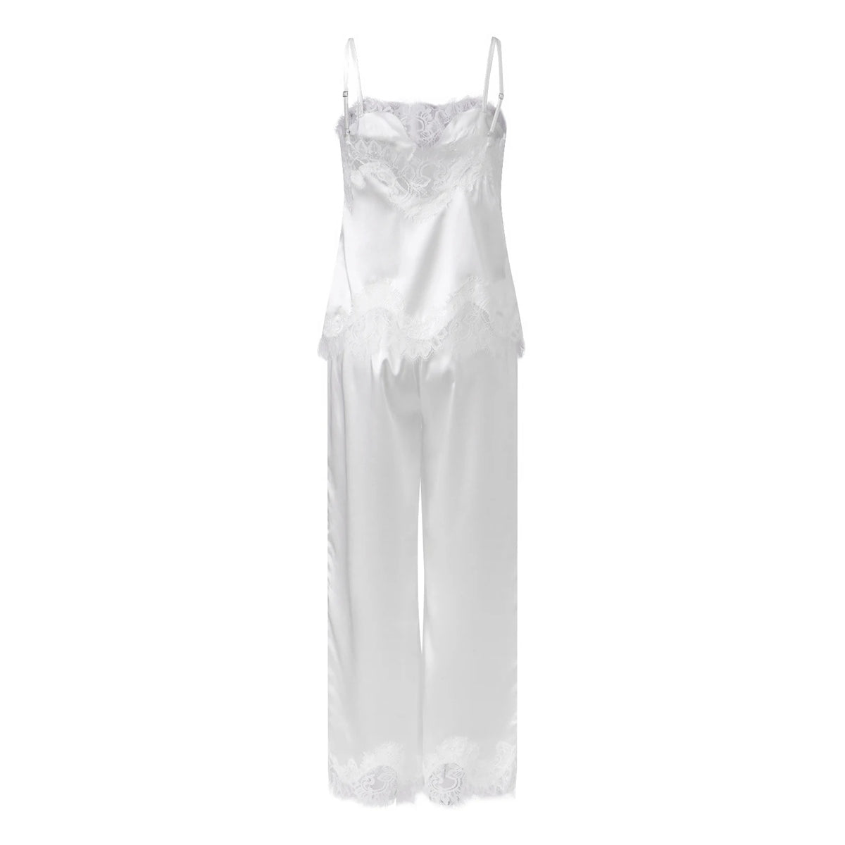 Women's 2 Piece Lounge Set Solid Sleeveless Spaghetti Strap Lace Trim Babydoll Cami Tops and Loose Pants Sleepwear