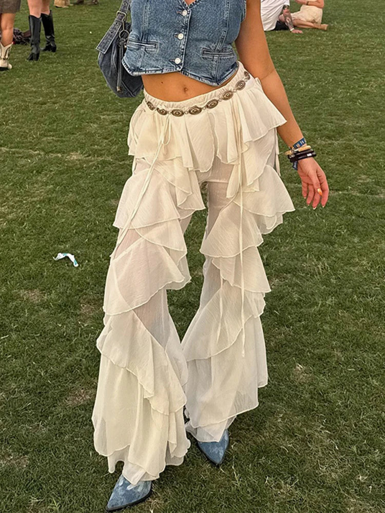 Summer Irregular Tierred Flare Pants Women Y2K Patchwork See Through Hipster Wild Basic Street Trend Classic Trousers