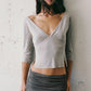 Women Solid Ruched Bust V Neck 3/4 Sleeve Crop Top Low Cut Off Shoulder Slim Fit T Shirt Y2K Aesthetic Casual Streetwear