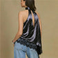 Women Black Satin Polka Dot Halter Top Sleeveless Lace Trim Asymmetrical Hem Open Back Blouse Y2K Coquette Streetwear