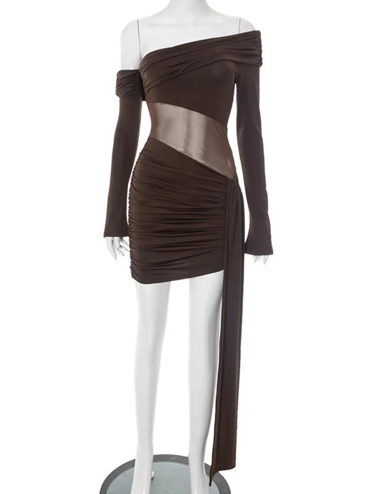 Off-shoulder Long Sleeve Sexy Mini Dress Women Fashion See Through Strapless Backless Draped Ruched Club Party Dresses
