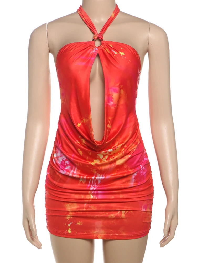 Metal Chain Ring Dress Women Peach Buttocks Pleated Hollow Backless Halter Patchwork Midnight Club Party Mini Bodycon