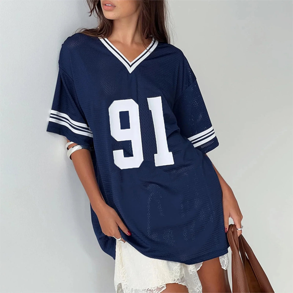Oversized Jersey Shirts for Women Number Graphic Baggy Tees 90s V Neck Half Sleeve T-Shirts Streetwear Clothes