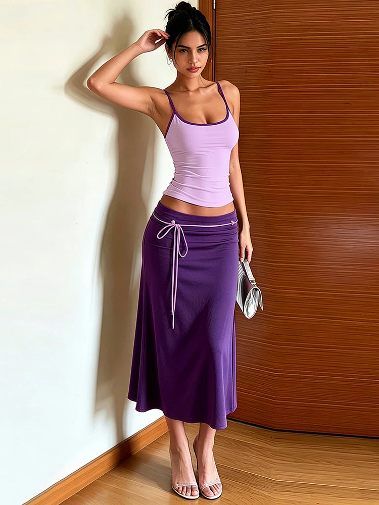 Casual Fashion 2 Piece Set Woman Low-Neck Backless Skinny Camisoles Tops+Bandage Tassel Decoration Long Skirts Suits