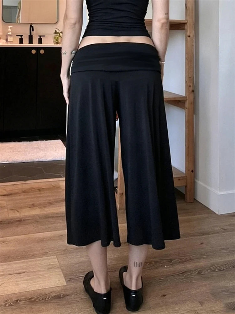 Casual Comfortable Crop Pants Woman Summer Trend Ruched Elastic Low-Waist Daily Simple Basic Fashion Style Classic Bottoms