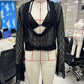 Sexy Women Lace Tops with Bra 2 Piece Set See Through Long Flare Sleeve Low Cut Tops and Bra Outfit Party Clubwear