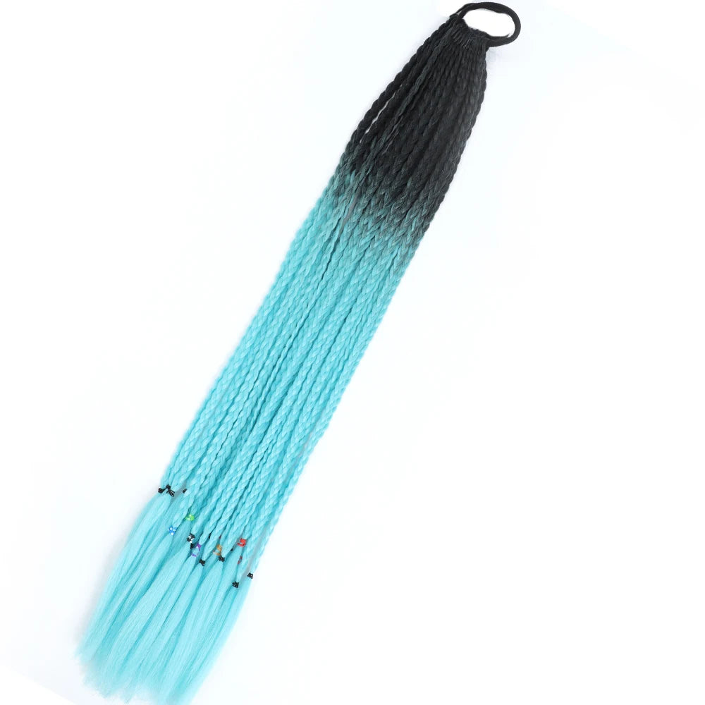 Synthetic 24inch Girls Colored Box Braided Ponytail With Elastic Rubber Band Hair Extensions Rainbow Color Box Pigtail Hairpiece