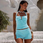 Woman 2 Piece Outfit Set Summer Vacation Blue Striped Knit Halter Top and Shorts Matching Sets