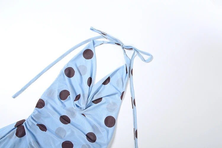 Backless Swing Collar Dress Women Sexy Polka Dot Print Halter Sleeveless Irregular Hem Trend Vacation Party Bodycon