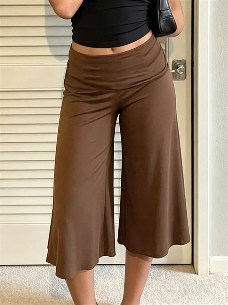 Casual Comfortable Crop Pants Woman Summer Trend Ruched Elastic Low-Waist Daily Simple Basic Fashion Style Classic Bottoms