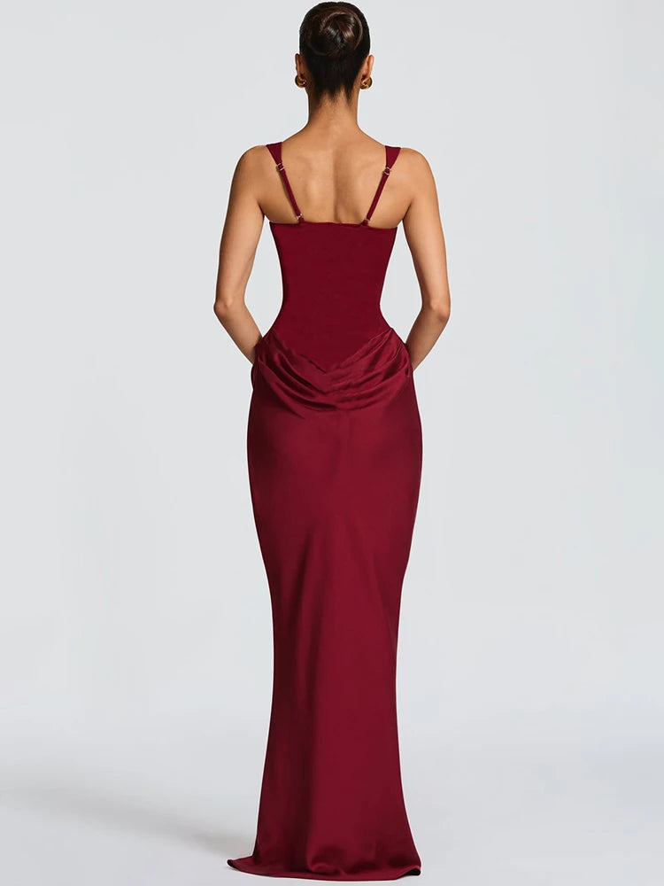 Elegant Backless Sexy Maxi Dress Women Gown Fashion Square Collar Sleeveless Skinny Ruched Club Party Long Dresses