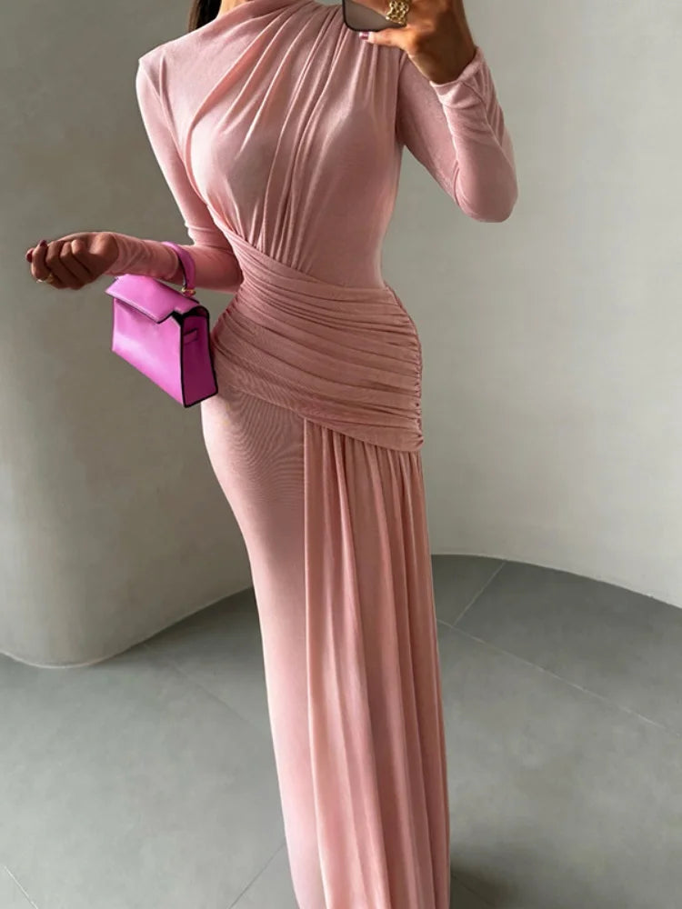 Long Sleeve Pleated Maxi Dress Elegant Woman Clothing Evening Wear Party Dresses Fall Winter