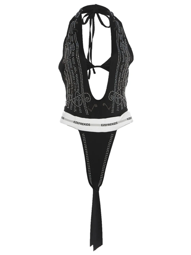 Sexy Two Tops Women Simple Bra+Fake Diamond Sticker Decoration Deep v-Neck Halter Bodysuit Music Festival Streetwear